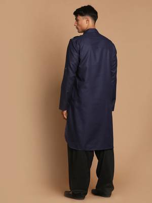 Blue And Black Cotton Blend Pathani Kurta Set 3