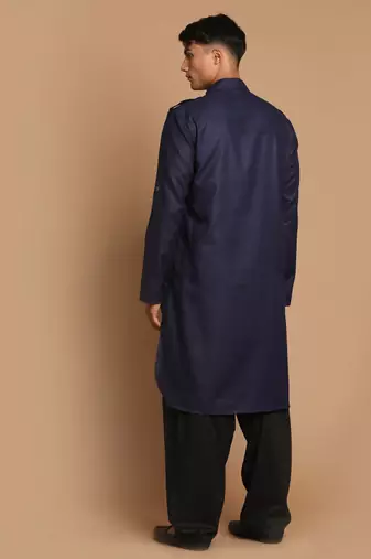 Blue And Black Cotton Blend Pathani Kurta Set