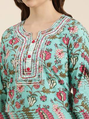 women's round neck floral block print turquoise blue straight kurta and trouser with dupatta 5