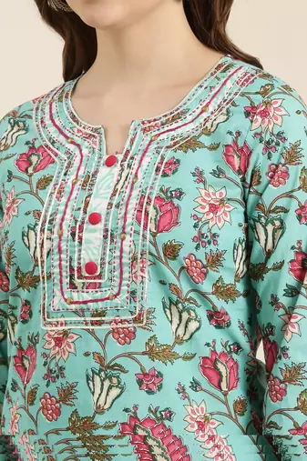 women's round neck floral block print turquoise blue straight kurta and trouser with dupatta
