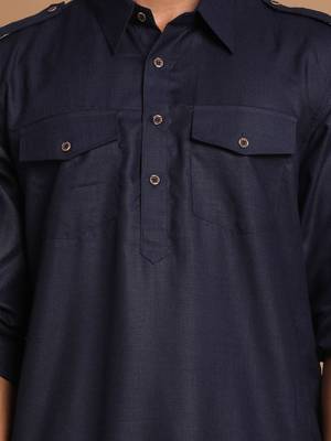 Blue And Black Cotton Blend Pathani Kurta Set 4