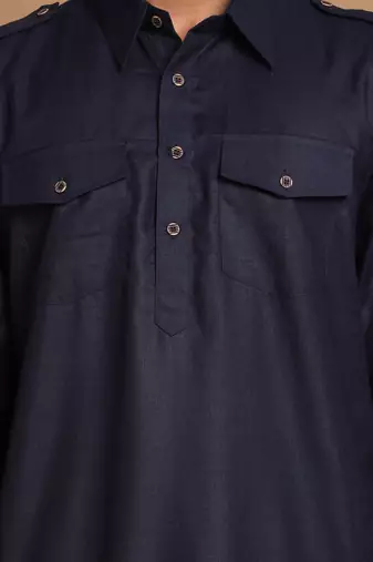 Blue And Black Cotton Blend Pathani Kurta Set