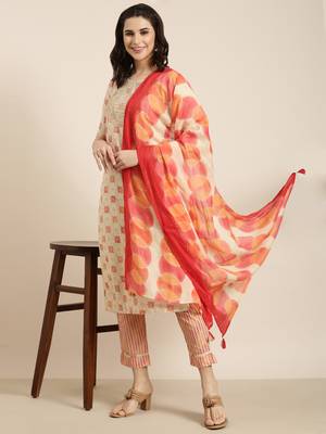 women's round neck geometric foil print beige straight kurta and trouser with dupatta 1