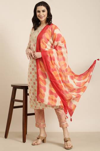 women's round neck geometric foil print beige straight kurta and trouser with dupatta