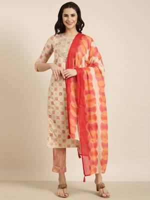 women's round neck geometric foil print beige straight kurta and trouser with dupatta 2