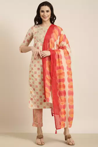 women's round neck geometric foil print beige straight kurta and trouser with dupatta