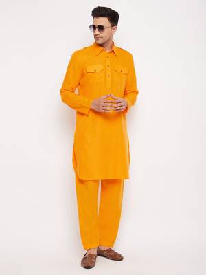 Men'S Mustard Cotton Blend Pathani Kurta Set 1