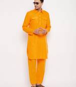 Men'S Mustard Cotton Blend Pathani Kurta Set