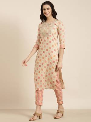 women's round neck geometric foil print beige straight kurta and trouser with dupatta 3