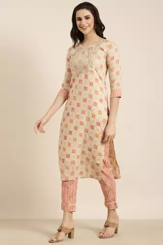 women's round neck geometric foil print beige straight kurta and trouser with dupatta