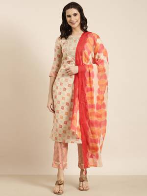 women's round neck geometric foil print beige straight kurta and trouser with dupatta 4