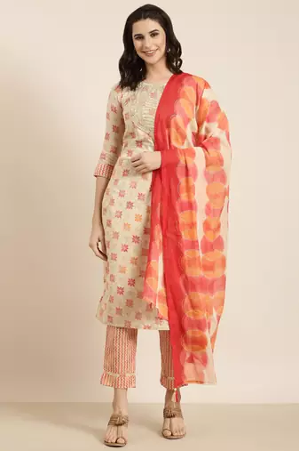 women's round neck geometric foil print beige straight kurta and trouser with dupatta