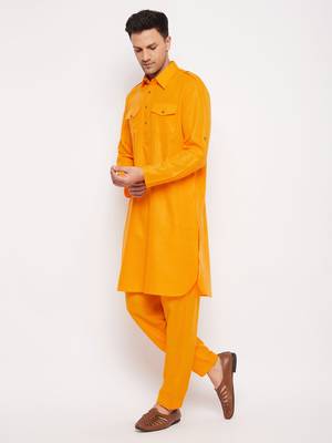 Men'S Mustard Cotton Blend Pathani Kurta Set 2