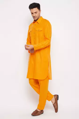 Men'S Mustard Cotton Blend Pathani Kurta Set