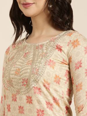 women's round neck geometric foil print beige straight kurta and trouser with dupatta 5