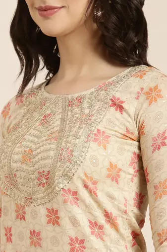 women's round neck geometric foil print beige straight kurta and trouser with dupatta