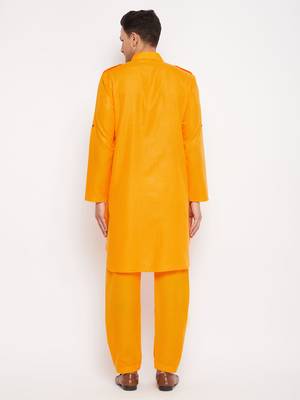 Men'S Mustard Cotton Blend Pathani Kurta Set 3