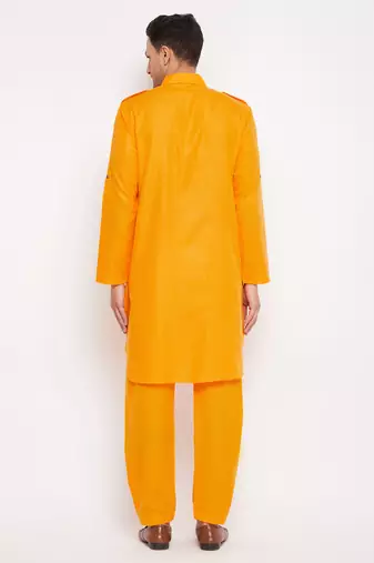 Men'S Mustard Cotton Blend Pathani Kurta Set