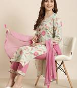 women's round neck floral sea green straight kurta and trouser with dupatta