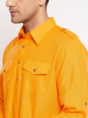 Men'S Mustard Cotton Blend Pathani Kurta Set 4