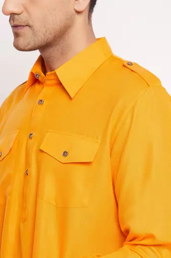 Men'S Mustard Cotton Blend Pathani Kurta Set