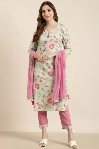 women's round neck floral sea green straight kurta and trouser with dupatta