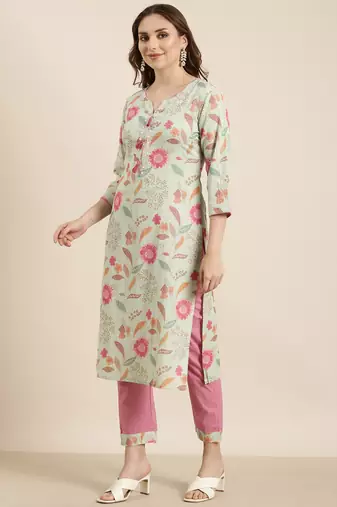 women's round neck floral sea green straight kurta and trouser with dupatta
