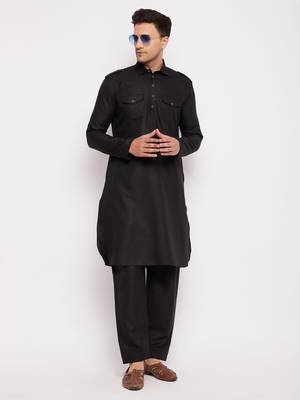 Black Cotton Blend Pathani Kurta Set 1