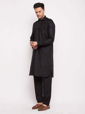 Black Cotton Blend Pathani Kurta Set 2