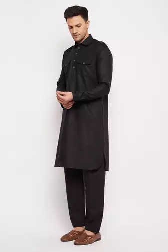 Black Cotton Blend Pathani Kurta Set