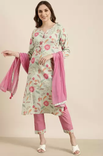 women's round neck floral sea green straight kurta and trouser with dupatta