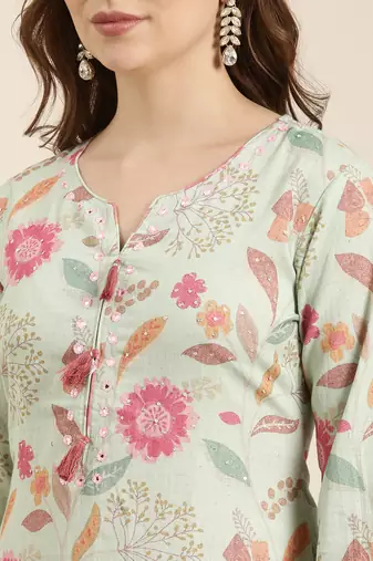 women's round neck floral sea green straight kurta and trouser with dupatta