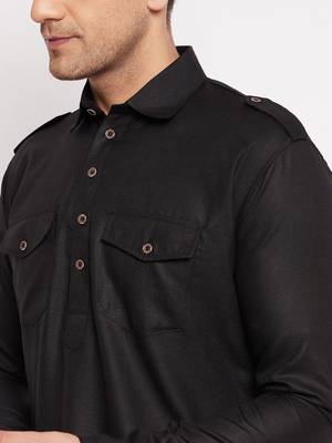 Black Cotton Blend Pathani Kurta Set 4