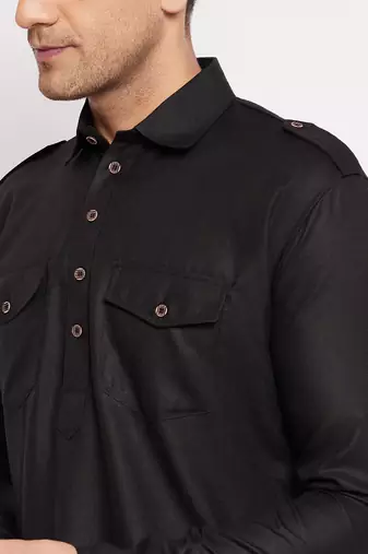 Black Cotton Blend Pathani Kurta Set
