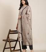 women's round neck floral olive straight kurta and trouser with dupatta