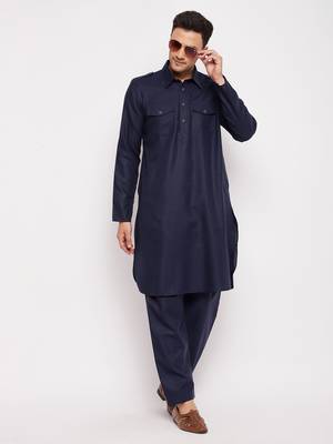 Men'S Blue Cotton Blend Pathani Kurta Set 1