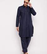 Men'S Blue Cotton Blend Pathani Kurta Set