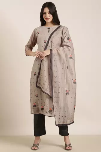 women's round neck floral olive straight kurta and trouser with dupatta