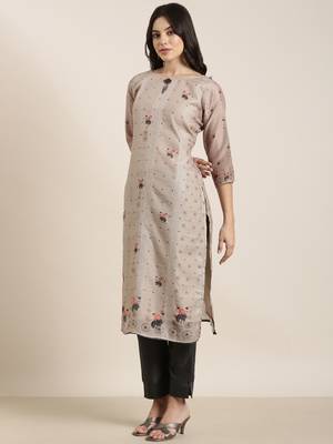 women's round neck floral olive straight kurta and trouser with dupatta 3