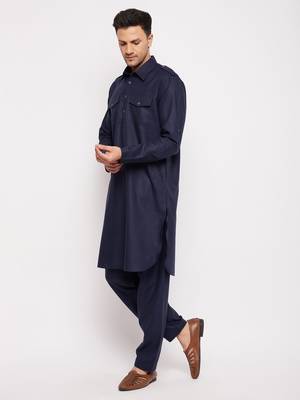 Men'S Blue Cotton Blend Pathani Kurta Set 2