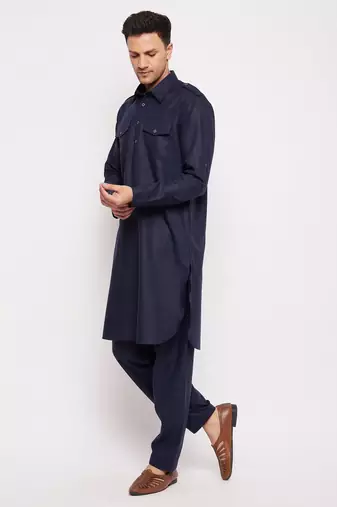 Men'S Blue Cotton Blend Pathani Kurta Set