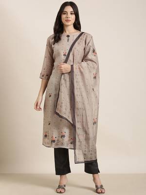 women's round neck floral olive straight kurta and trouser with dupatta 4