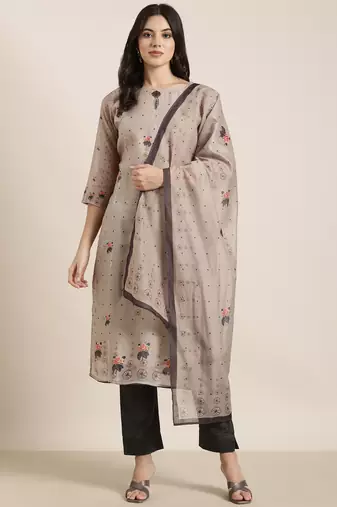women's round neck floral olive straight kurta and trouser with dupatta