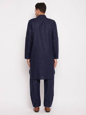 Men'S Blue Cotton Blend Pathani Kurta Set 3