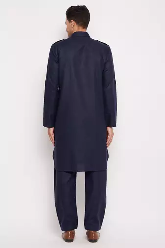 Men'S Blue Cotton Blend Pathani Kurta Set