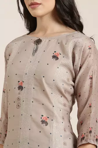 women's round neck floral olive straight kurta and trouser with dupatta