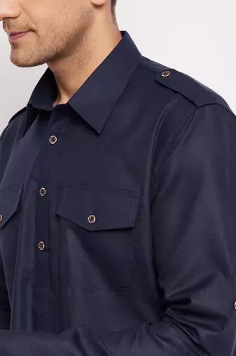 Men'S Blue Cotton Blend Pathani Kurta Set