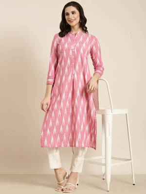 women's mandarin collar geometric ikat pink straight kurta and trouser 1