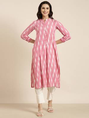 women's mandarin collar geometric ikat pink straight kurta and trouser 2