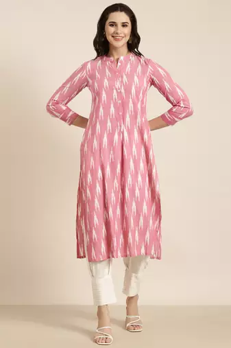 women's mandarin collar geometric ikat pink straight kurta and trouser